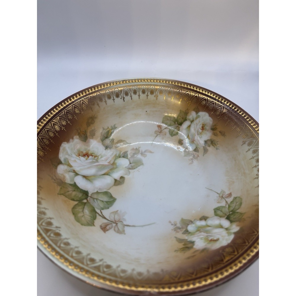 Antique P.K. Silesia Porcelain Serving Bowl Bridal Roses Gold Beaded Rim 1914-22 - Picture 11 of 14
